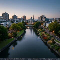 Obraz premium City Skyline with River and Church
