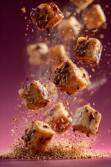 Golden-brown cubes of szechuan spicy Sichuan-style cuisine dish, suspended mid-air, illuminated by soft light. Concept of szechuan cuisine with bold flavors and textures.