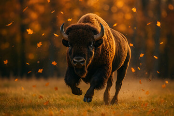 Majestic Bison Running Through an Autumnal Field.