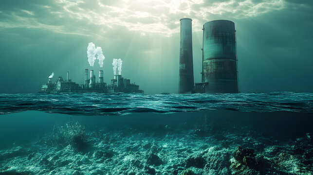 Underwater View of Industrial Complex with Smokestacks Emitting Steam - Powered by Adobe
