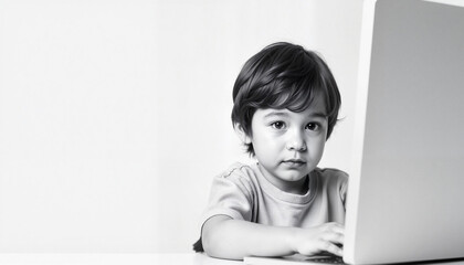 Young boy focused while using laptop at home in black and white  