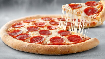 Hot pepperoni pizza with melted, gooey cheese, fresh from the oven. One delicious slice comes off the whole pizza. Perfect for delivery ads and restaurant menus.