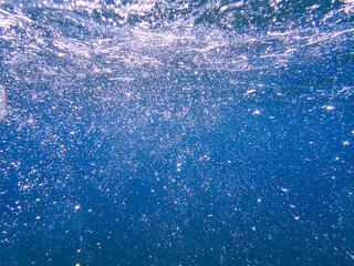 The sun shines through water, casting mottled light and shadow, intertwined with countless bubbles underwater, like a dance of light. Various aquatic, fish swimming in water in Mediterranean sea.