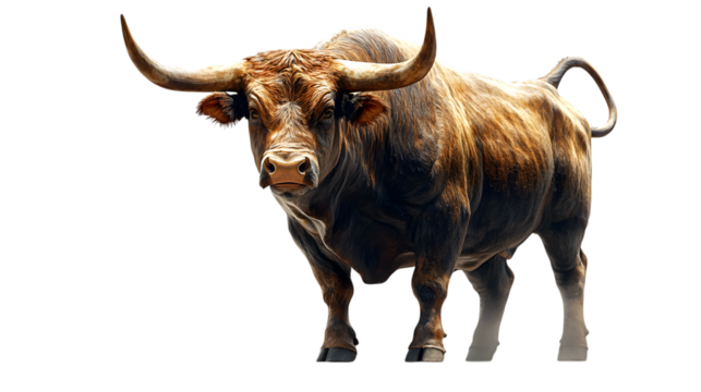 A large brown bull with long horns stands isolated on transparent background
