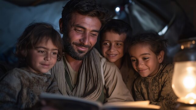 Father Reading to Children at Night: A heartwarming scene of a father tenderly reading to his three children by the soft glow of a kerosene lamp inside a tent.  The image evokes feelings of warmth.