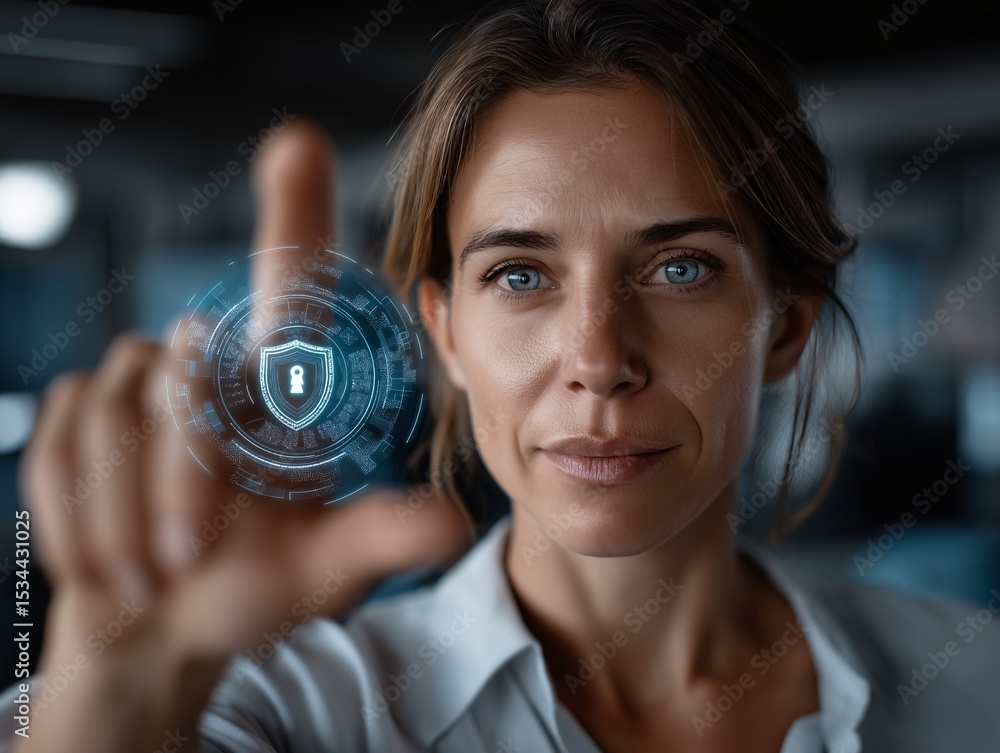 Poster digital shield: a person in a modern business environment interacts with a digital shield representi