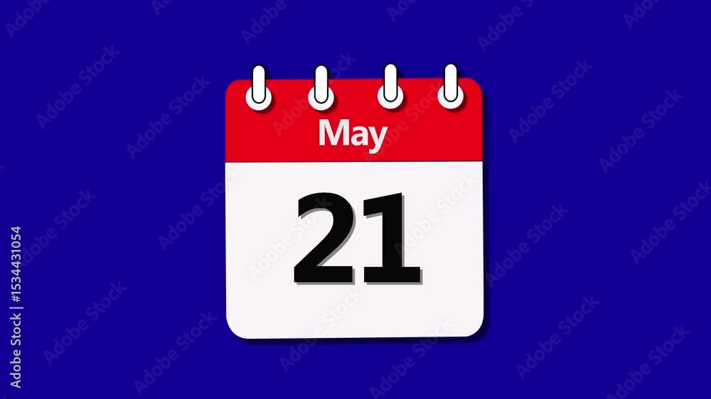 Poster date 21 may month of calendar icon animation. digital calendar date of may 21 3d video animation wit