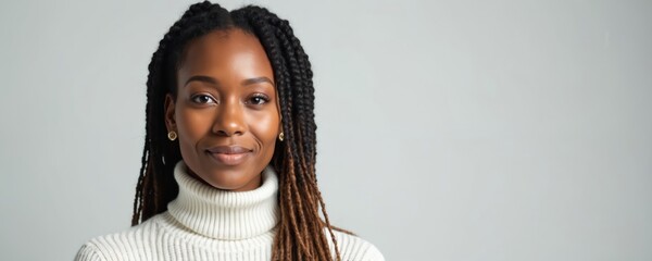 Portrait beautiful confident black woman with brown dreadlocks hairstyle, wearing white sweater smiling at camera. Positive female with grey hair, natural beauty. Isolated white background.