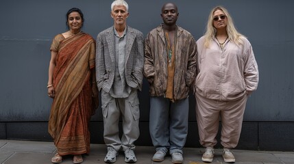 Naklejka premium Diverse Group Posing: Capturing the essence of diversity, four people from different backgrounds stand side-by-side against a modern wall, embodying a spirit of togetherness and strength.
