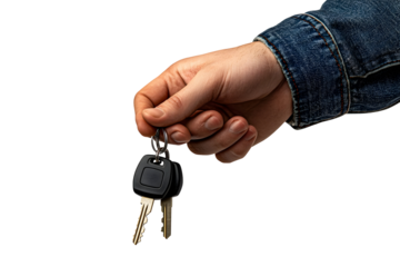 A man's hand holding car keys against a solid black background in studio