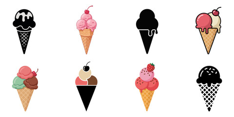 ice cream set, Vector illustration set of ice cream scoop with different topping in waffle cone. Sweet summer dessert isolated on white, Hand drawn icon, logo of melted scoop of vanilla, classic cream