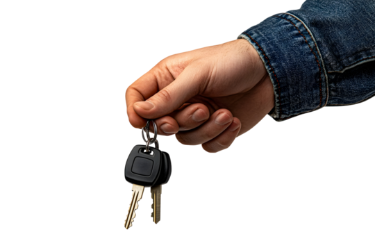 A man's hand holding car keys against a solid black background in studio