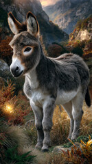 Fototapeta premium An old, skinny donkey with sad eyes, standing alone in a dry and dusty valley, surrounded by mountains, warm sunset light, desolate atmosphere, cinematic style
