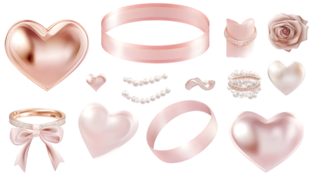 Elegant Pink Hearts Rose Gold Ribbons Pearls Romantic Wedding Design Elements Isolated on Transparent Background PNG