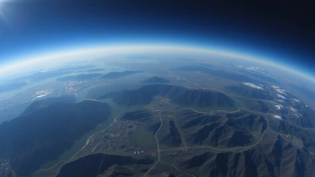 Earths curve displays mountainous regions atmosphere view