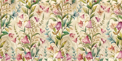 Delicate floral pattern with pink bell flowers and lush greenery
