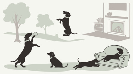 Fototapeta premium Dog Silhouettes Playing Outdoors and Relaxing Indoors Pet Lifestyle Activities Collection