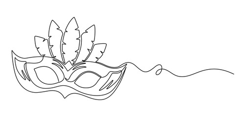 Mardi gras carnival feather mask drawing single continuous line art purple green and yellow color, Continuous line drawing of Mardi Gras Carnival mask. One line art. Vector illustration, masquerade.