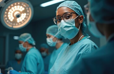 Young African American female surgeon in operating room. Medical team performs surgical operation, wearing protective clothing. Doctor looks to camera, healthcare professionals during procedure.