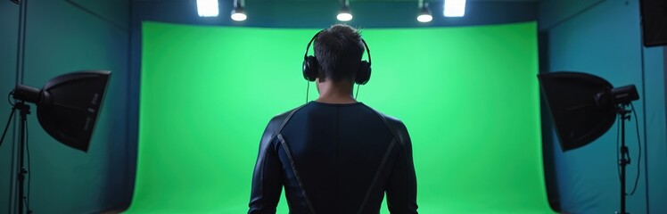 Male subject wears motion capture suit, headphones. Standing in high-tech studio with green screen. Modern tech creates action movie visual effects, 3D gaming graphics. Professional actor prepares