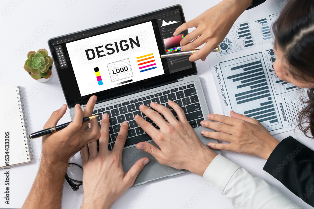Poster graphic designer software for modern design of web page and commercial brisk ads showing on the comp