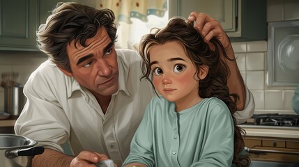 Fototapeta premium Father and Daughter in Kitchen: A heartwarming illustration depicting a father gently adjusting his daughter's hair in their cozy kitchen, capturing a tender moment of familial connection.