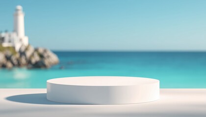 Obraz premium Minimal White Display Podium with Blurred Coastal Lighthouse Background for Branding