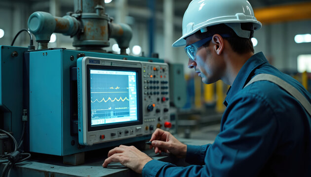 Engineer performs electronic measurements with digital oscilloscope in industrial setting. Technician wears safety glasses, white helmet, analyzing signal, working with machinery, machine-building, - Powered by Adobe