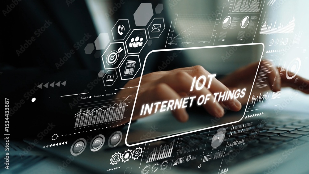 Poster hands on laptop with iot graphics depicting internet of things technology and data analytics in mode