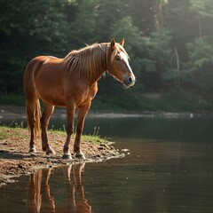Obraz premium Horse Near Lake on Sunny Day