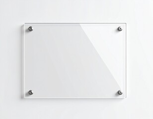 Transparent acrylic signboard with rounded corners, mounted with silver screws on a white wall, soft shadows and minimal clean design, perfect for modern branding or signage mockups