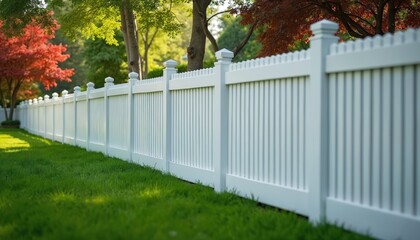 White fence in rich green garden setting. Residential area with green grass and trees. Structure, design, home privacy, backyard decor, property protection, aesthetic visual appeal. Day light photo.