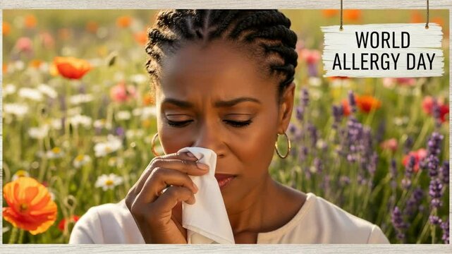 African american woman with handkerchief in flower field, bloom allergy, allergy and asthma awareness and protection concept, world allergy day