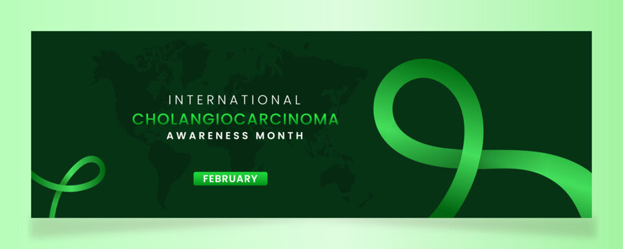 Cholangiocarcinoma Awareness campaign banner with green ribbon symbols on gradient pastel light green background.