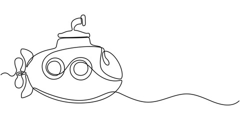 Submarine toy isolated on white background. One line continuous children toy art. Line art, outline, vector illustraiton, continuous line submarine hand drawn vector illustration, Continuous one line