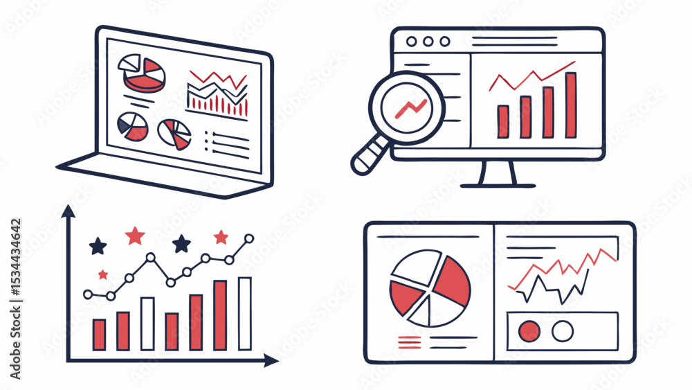 Poster business data analysis reporting icons set line art red accents charts graphs screens analytics visu