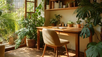 Textured Hardwood Furniture Composition with Lush Houseplants – Immersive Wellness Visual for Sustainable Interior Design and Digital Lifestyle Branding