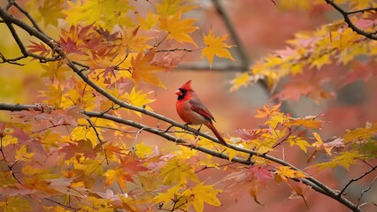 A vibrant red cardinal perched on a branch surrounded by colorful autumn leaves in shades of yellow, orange, and red.