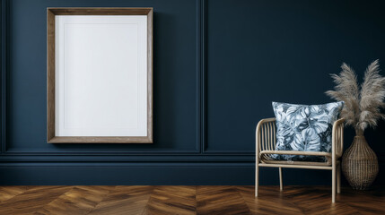 frame with a blank white background, top view, on the wall in a old living room with dark walls, clean and tidy, high resolution