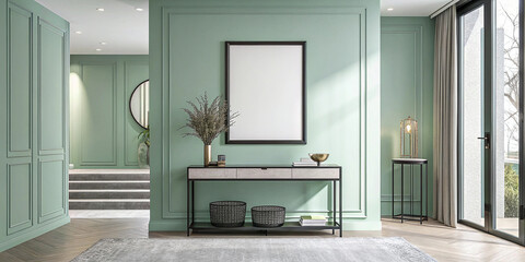 Elegant Light Mint Entryway Stylish Decor Elements and a Blank Poster Frame for Contemporary Charm