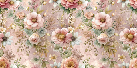 Elegant floral pattern featuring soft pastel roses and delicate blossoms.