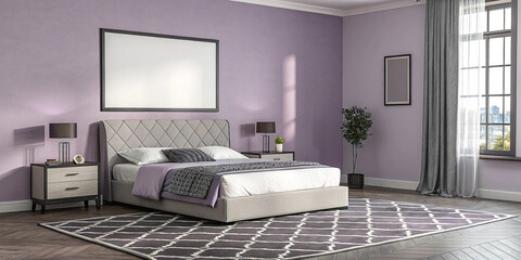 Cozy Modern Bedroom Embracing Purple Accents with a Blank Canvas for Personal Expression
