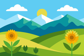Obraz premium summer hills with sunflowers and distant mountain