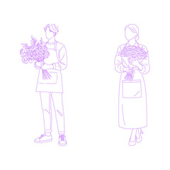 florist holding a bouquet of flowers lineart illustration