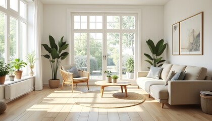 Fototapeta premium Bright and Airy Living Room with Large Windows, Neutral Sofa, Rattan Chair, Potted Plants, and Light Wood Flooring