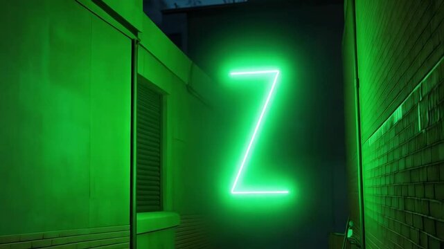 A vibrant green, neon &ldquo;Z&rdquo; illuminates a dark, brick-walled corridor. Moody and atmospheric lighting creates a striking visual