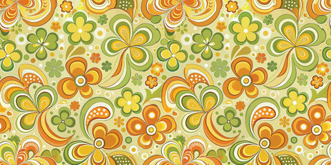 Colorful floral pattern featuring vibrant greens and oranges.