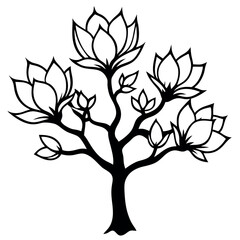 Obraz premium Black and White Magnolia Tree Blossom Illustration Curved Trunk
