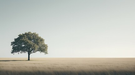 Obraz premium Single tree in a vast golden field under a pale sky