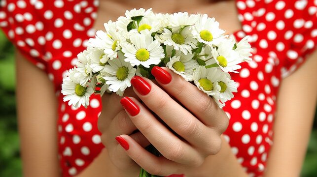 Woman holding a bouquet of white daisies with red nail polish and a polka dot dress - Powered by Adobe